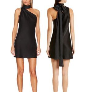 Alice + Olivia Leola One Shoulder Black Satin Mini Dress Mock Neck Bow Size 4